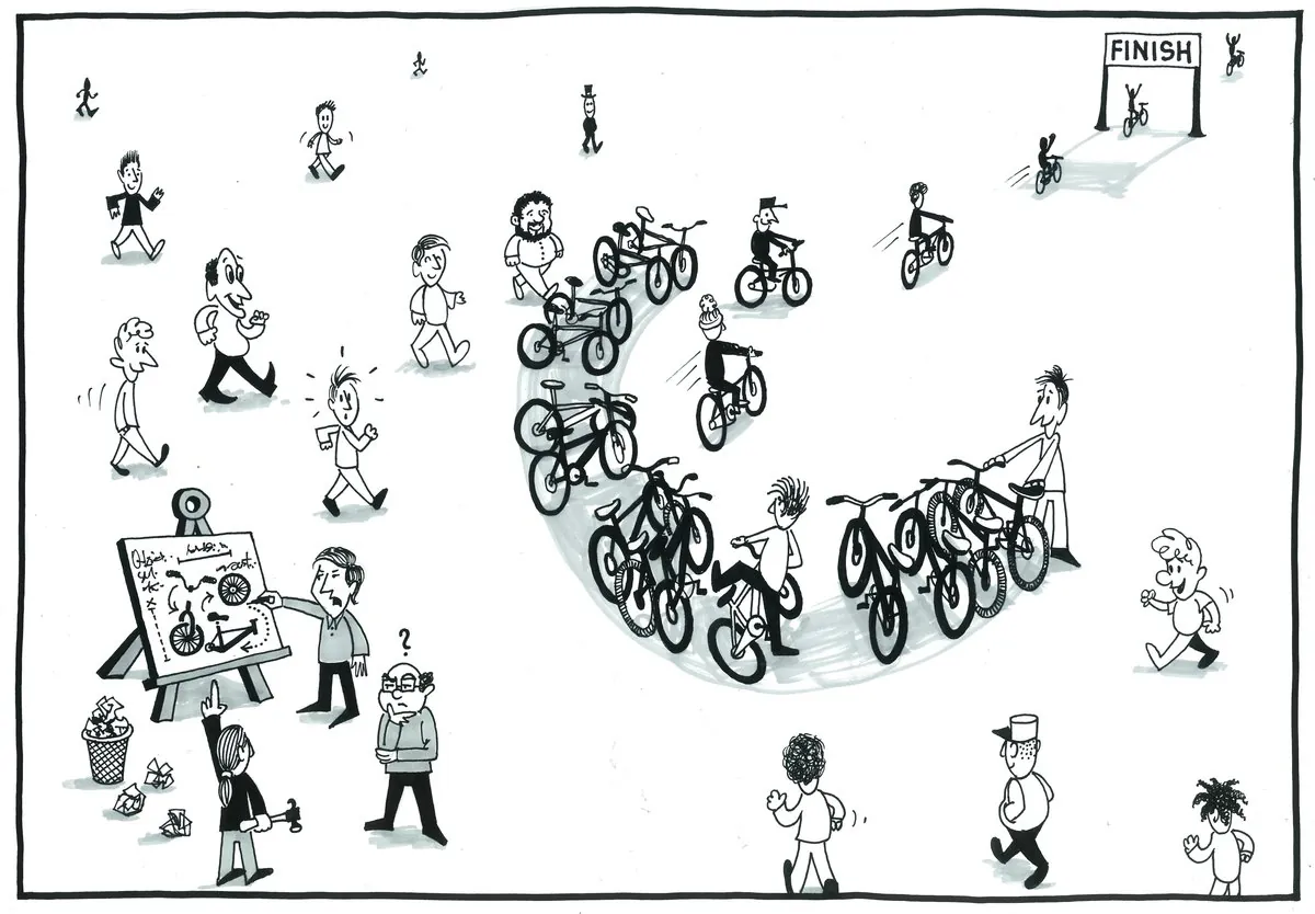Hand-drawn illustration: an idea is designed on a board, then many bicycles ride a winding road toward the finish line