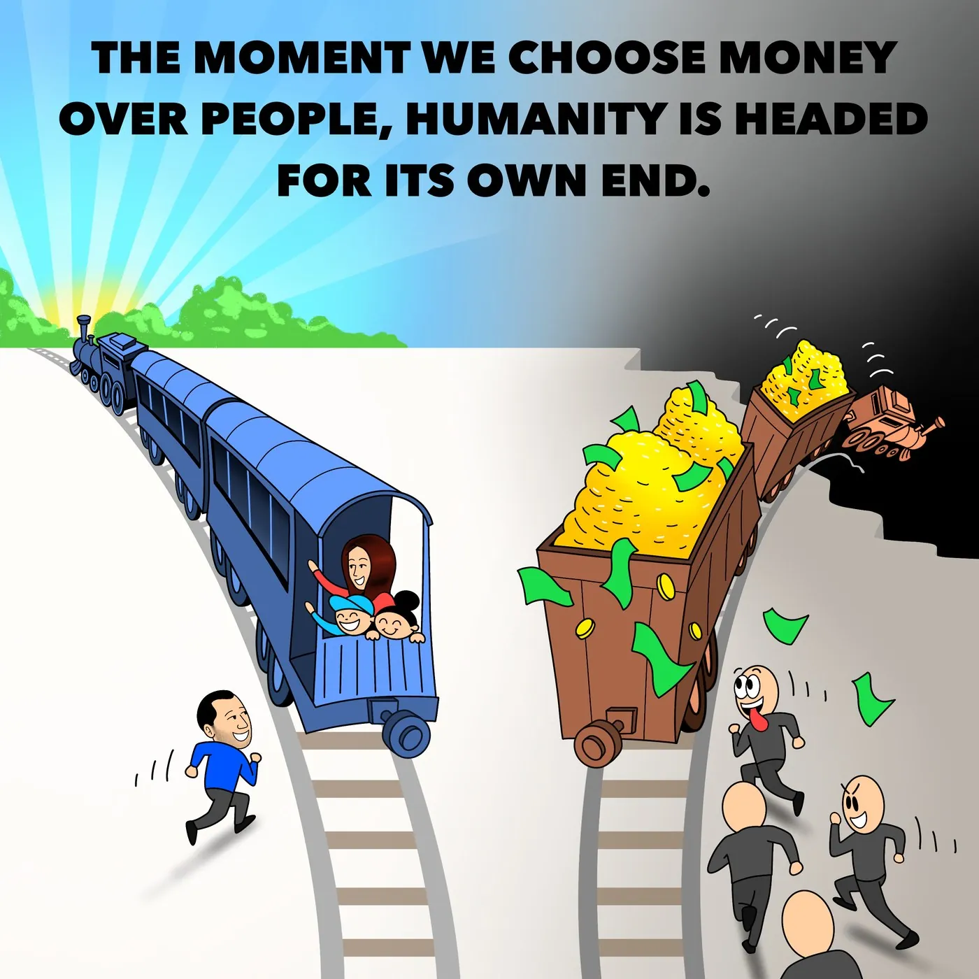 SuccessPictures illustration: a train full of people rides toward the sunrise while a train full of money goes over the edge