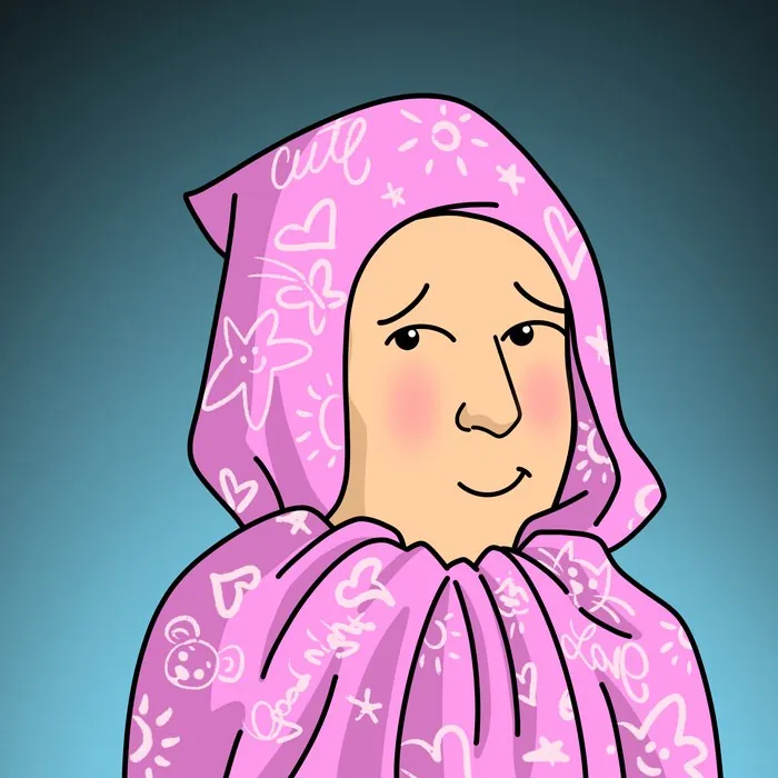 BlueMan NFT in a pink hood covered in hand-drawn hearts and stars