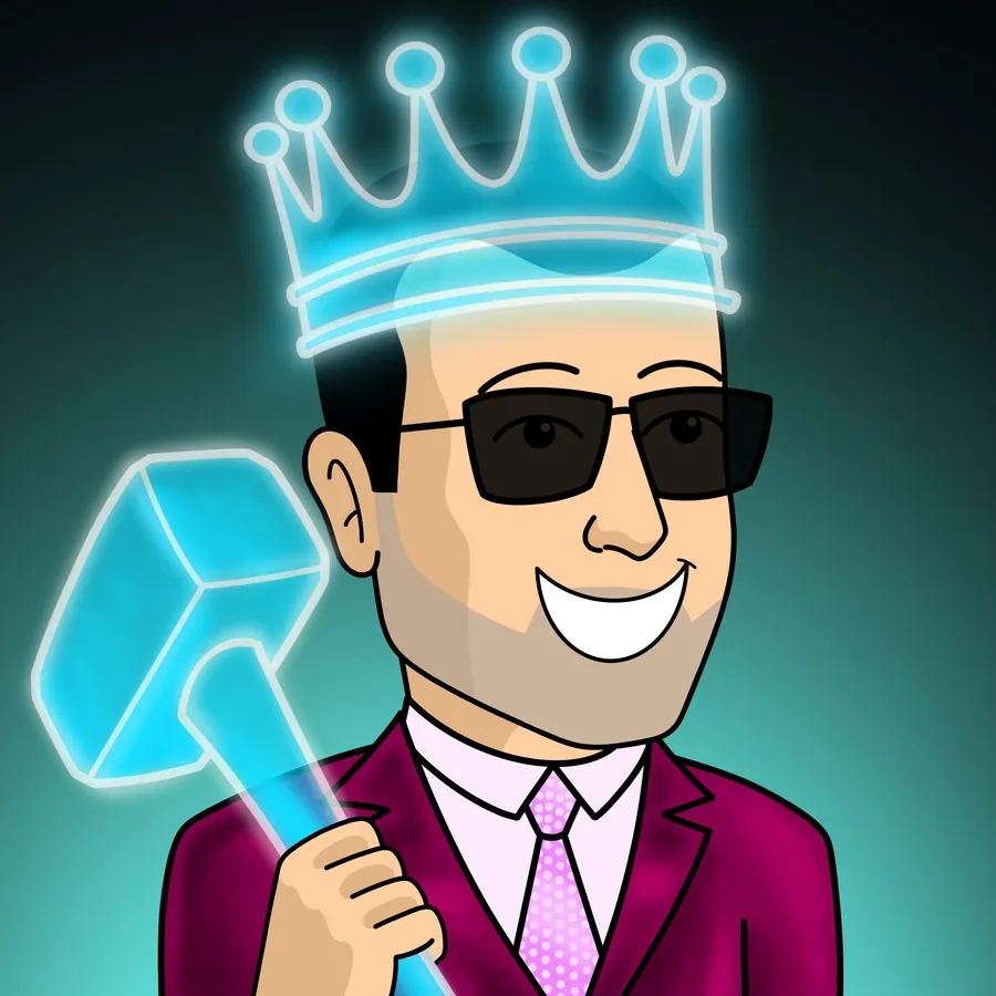 BlueMan NFT with a glowing neon crown, holding a glowing hammer