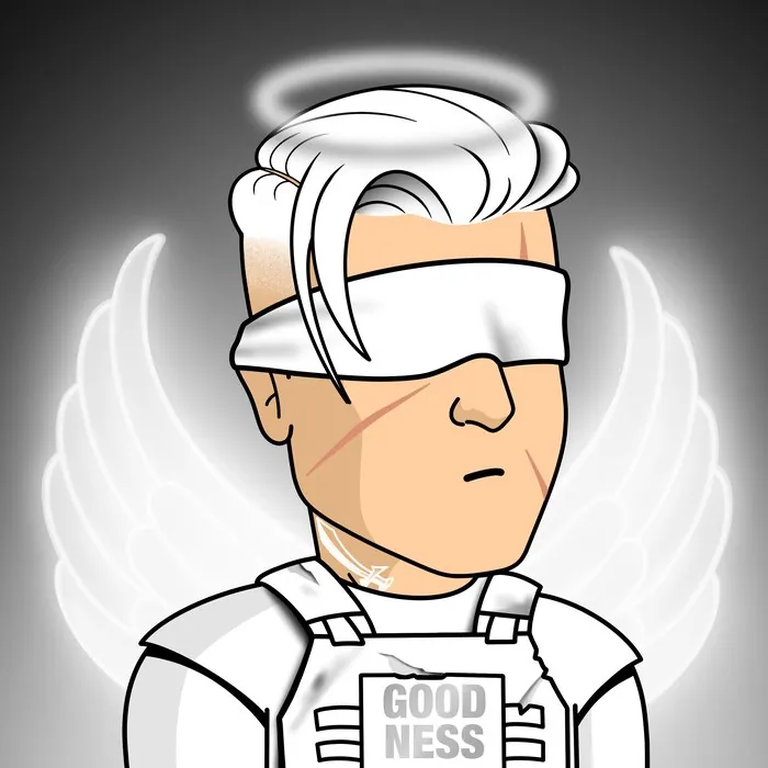 BlueMan NFT with a halo, wings and a Goodness vest