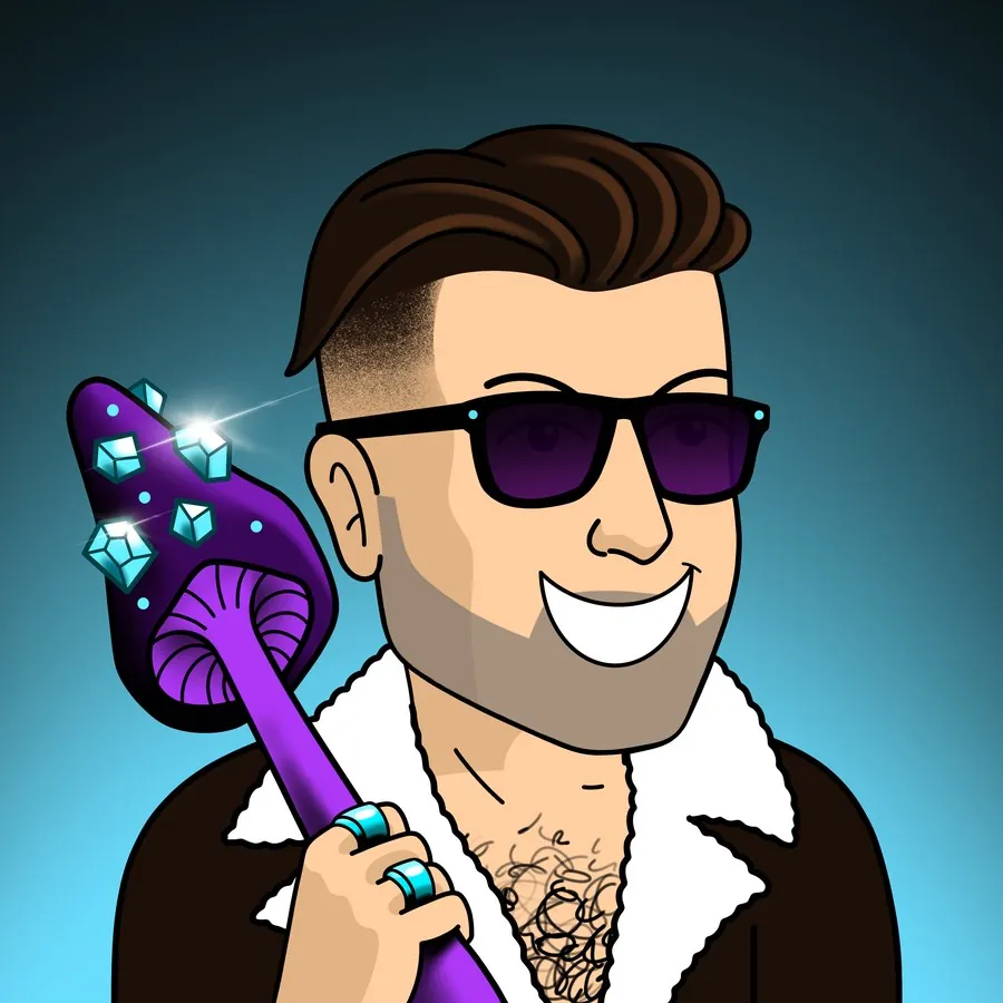BlueMan NFT in dark sunglasses holding a purple crystal mushroom
