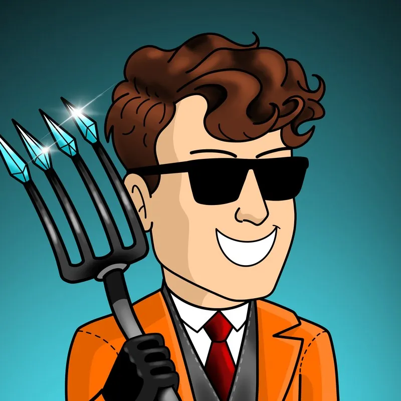 BlueMan NFT in an orange suit holding a crystal-tipped pitchfork